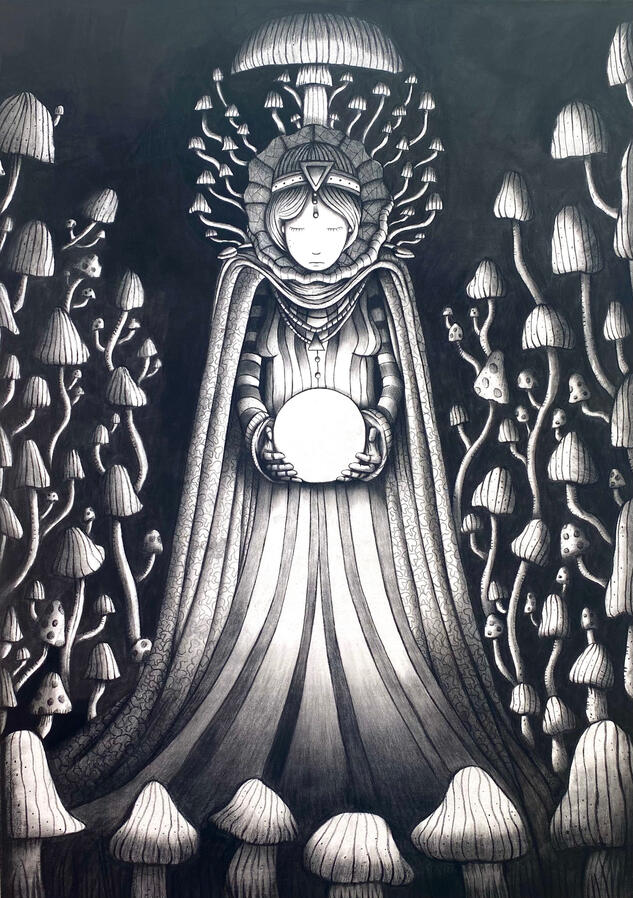 ‘The mushroom queen’ - charcoal on pastiche paper ‘The mushroom queen’ - charcoal on pastiche paper