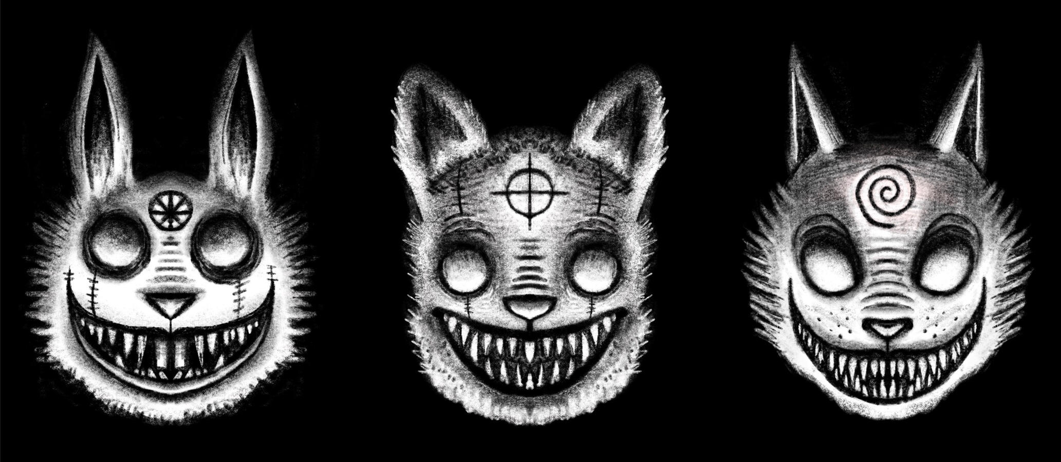 ‘Curio Halloween show’ - x3 mask designs. Charcoal on paper ‘Curio Halloween show’ - x3 mask designs. Charcoal on paper